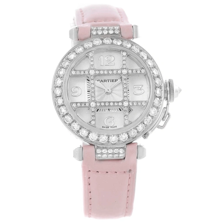 Cartier,Pasha de Cartier 32mm,32mm,White Gold,Silver,Automatic,Day,Sapphire,Crystal Glass,WJ116136