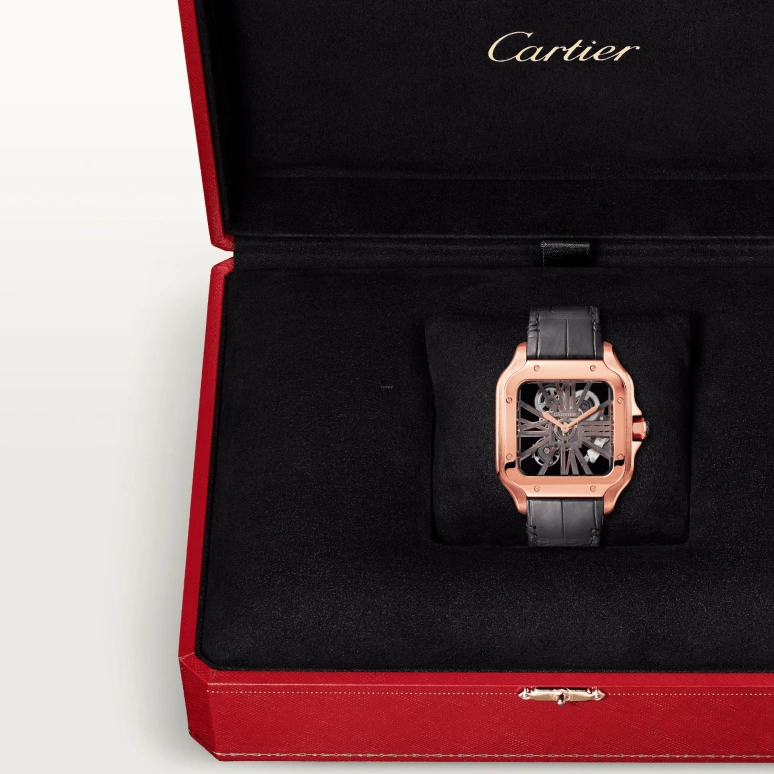 Cartier,Santos de Cartier 39.80mm,39.80mm,Rose Gold,Grey,Rose Gold,Handwound,72hours,In-house Caliber,WHSA0018