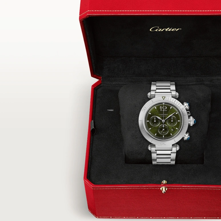 Cartier,Pasha de Cartier 41mm,41mm,Stainless Steel,Green,Automatic,Chronograph,Day,WSPA0046