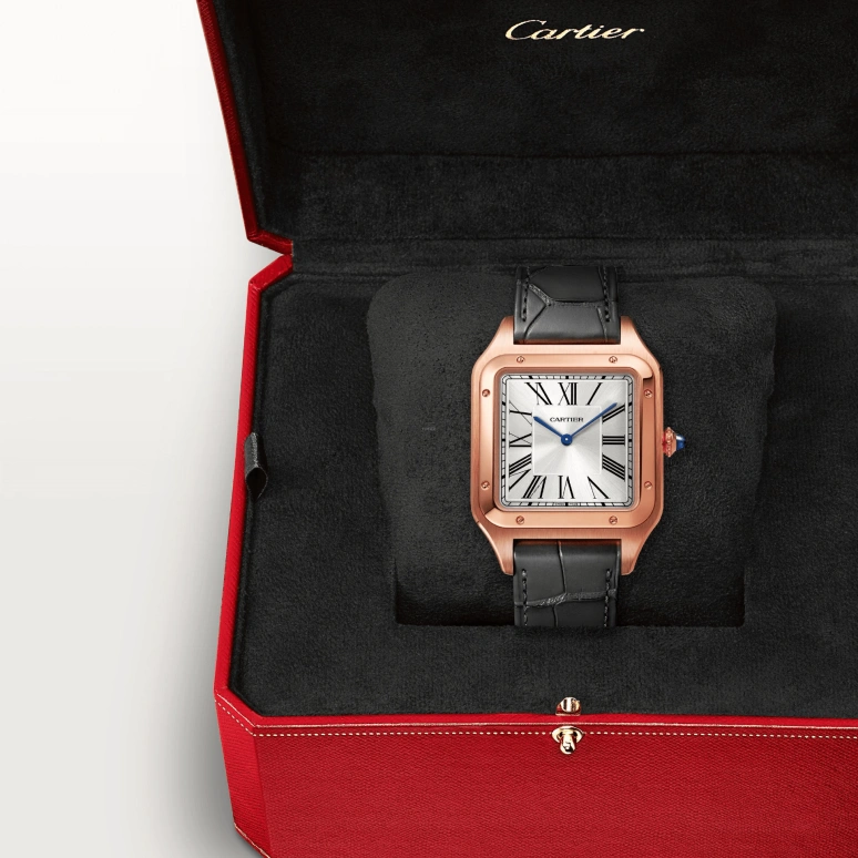 Cartier,Santos de Cartier 46.60x33.90mm,46.60x33.90mm,Rose Gold,Silver,Handwound,36hours,In-house Caliber,WGSA0032