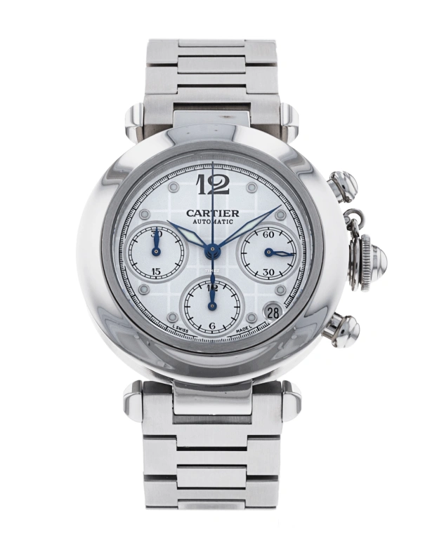 Cartier,Pasha de Cartier 36mm,36mm,Stainless Steel,White,Automatic,Chronograph,Day,W31039M7