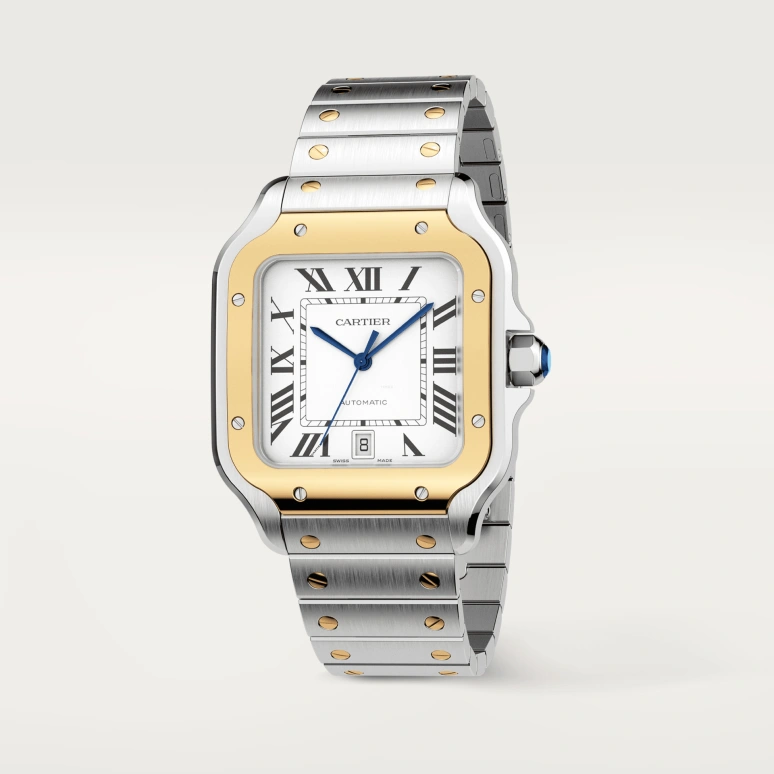 Cartier,Santos de Cartier 39.80mm,39.80mm,Stainless Steel,Yellow Gold,Silver,Automatic,Day,42hours,W2SA0009
