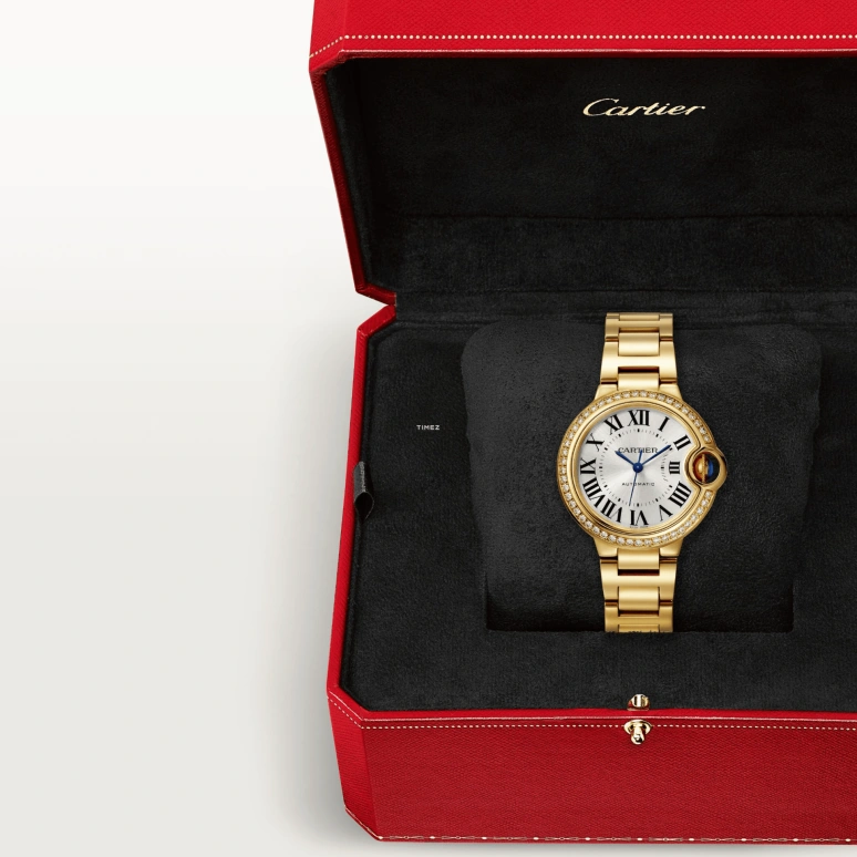 Cartier,Ballon Bleu de Cartier 33mm,33mm,Yellow Gold,Silver,Automatic,Sapphire,Crystal Glass,Round,WJBB0069
