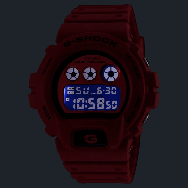 Casio,G-Shock 6900 53.20x50mm,53.20x50mm,Bio-sourced,Resin,Red,Quartz,Countdown,Chronograph,Month,Date,Hardlex,Round,DW6900RRB,DW6900RRB-4