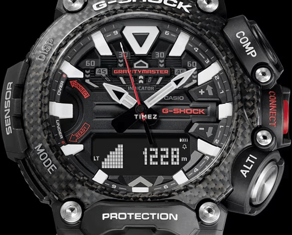 Casio,MASTER OF G - AIR 63x54.10mm,63x54.10mm,Carbon fiber-reinforced resin,Black,Quartz,Countdown,Chronograph,Month,Date,Hardlex,Round,GRB200,GRB200-1A