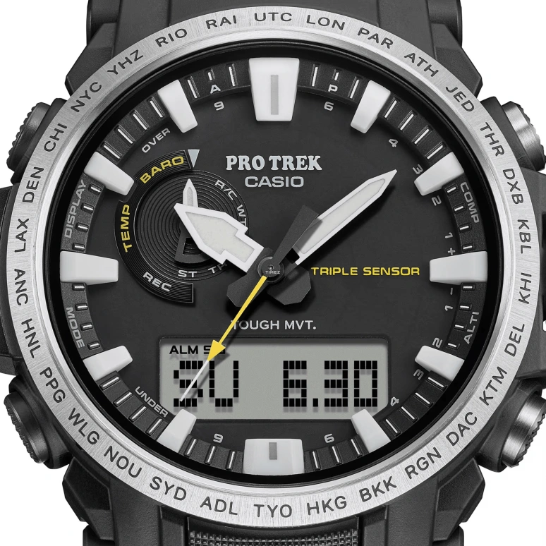 Casio,PROTREK 54.20x47.40mm,54.20x47.40mm,Resin,Stainless Steel,Black,Quartz,Countdown,Chronograph,Month,Date,Hardlex,Round,PRW61,PRW61-1A