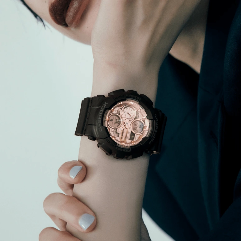 Casio,G-SHOCK 49x45.90mm,49x45.90mm,Bio-sourced,Resin,Rose Gold,Pink Gold,Quartz,Countdown,Chronograph,Month,Date,Hardlex,Round,GMAS140PG,GMAS140PG-1A