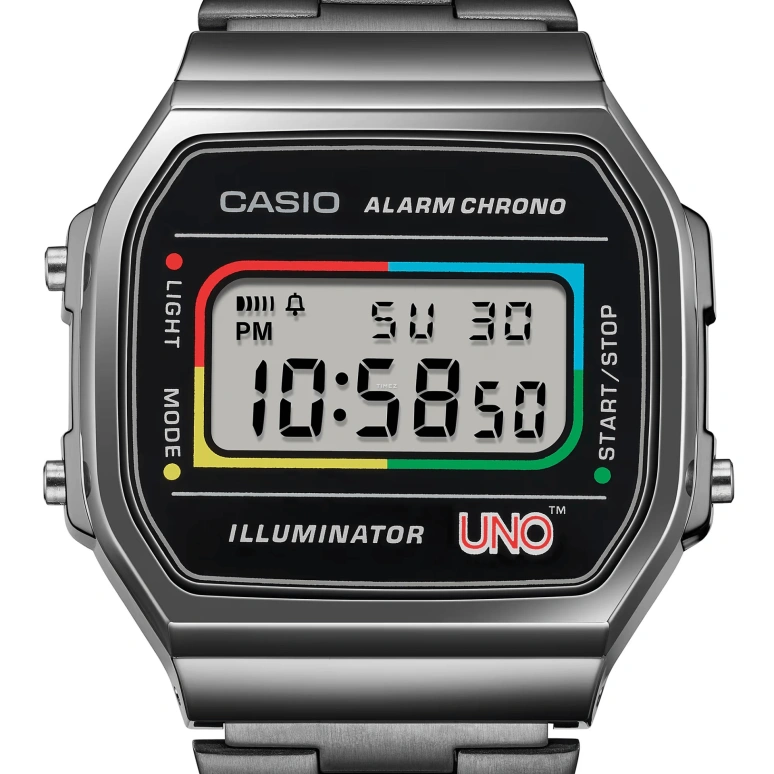 Casio,VINTAGE 38.60x36.30mm,38.60x36.30mm,Resin,Black,Quartz,Chronograph,Date,Day,Hour Strike,Plexi,Glass,Square,A168WEUC,A168WEUC-1A