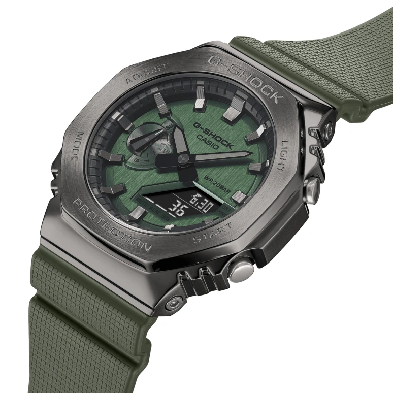 Casio,G-SHOCK 49.30x44.40mm,49.30x44.40mm,Resin,Stainless Steel,Green,Quartz,Countdown,Chronograph,Month,Date,Hardlex,Round,GM2100B,GM2100B-3A