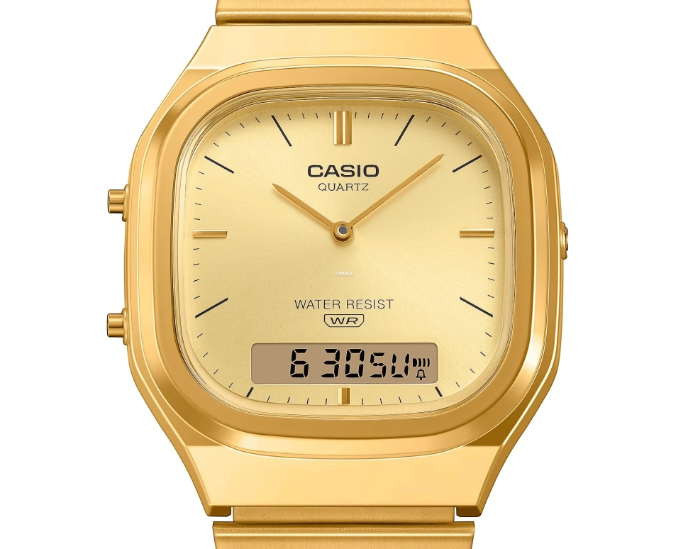 Casio,VINTAGE 40.90x35.80mm,40.90x35.80mm,Resin,Gold,Quartz,Chronograph,Month,Date,Day,Plexi,Glass,Square,AQ240EG,AQ240EG-9A