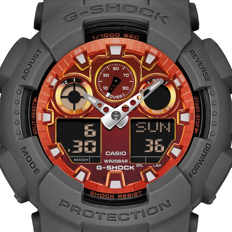 Casio,G-Shock GA-100 51.20mm,51.20mm,Resin,Orange,Quartz,Countdown,Chronograph,Month,Date,Hardlex,Round,GA100FL,GA100FL-8A