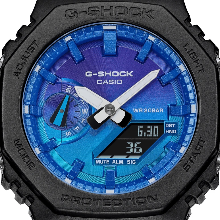 Casio,G-SHOCK 45.40mm,45.40mm,Carbon,Resin,Bio-sourced,Purple,Gradient,Dual,Quartz,Countdown,Chronograph,Month,Date,Hardlex,Octagon,GA2100FL,GA2100FL-1A