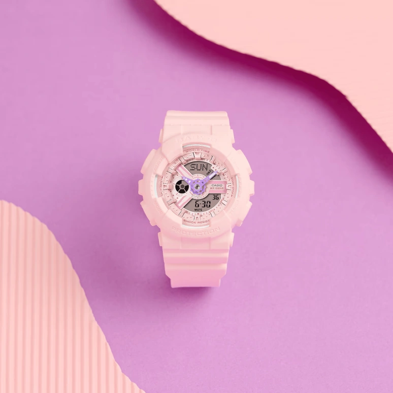 Casio,BABY-G 46.30x43.40mm,46.30x43.40mm,Resin,Pink,Quartz,Countdown,Chronograph,Month,Date,Hardlex,Round,BA110AH,BA110AH-4A