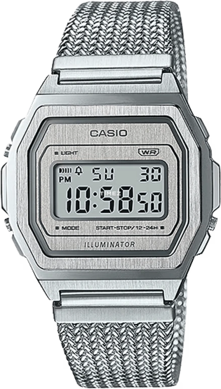 Casio,VINTAGE 39.60x38mm,39.60x38mm,Stainless Steel,Silver,Quartz,Chronograph,Date,Day,Hour Strike,Hardlex,Square,A1000MA,A1000MA-7VT
