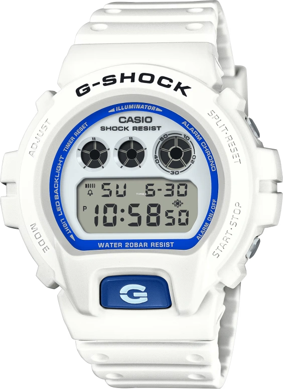 Casio,G-Shock 6900 53.20x50mm,53.20x50mm,Resin,White,Quartz,Countdown,Chronograph,Month,Date,Hardlex,Round,DW6900HDS,DW6900HDS-7
