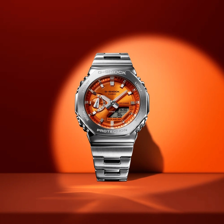 Casio,G-SHOCK 44.40mm,44.40mm,Stainless Steel,Orange,Quartz,Countdown,Chronograph,Month,Date,Hardlex,Octagon,GM2110D,GM2110D-4A