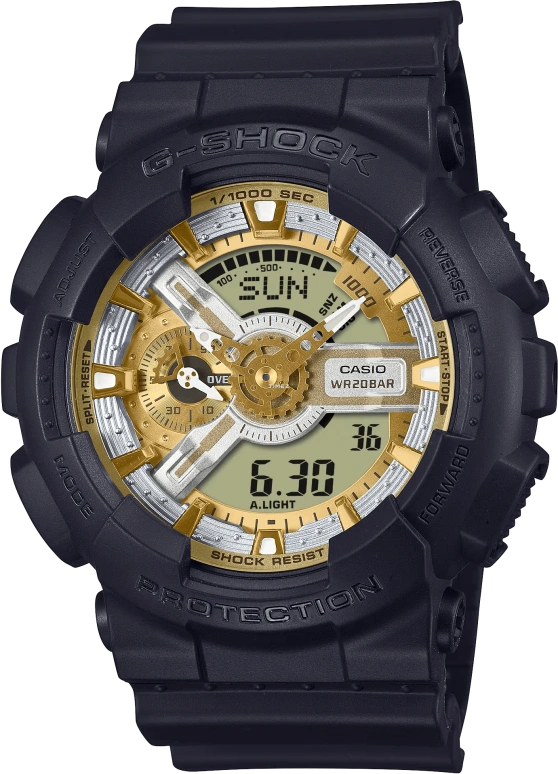 Casio,G-SHOCK 55x51.20mm,55x51.20mm,Resin,Gold,Silver,Quartz,Countdown,Chronograph,Month,Date,Hardlex,Round,GA110CD,GA110CD-1A9