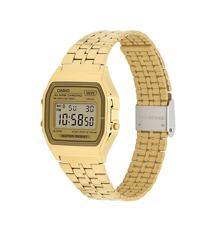 Casio,VINTAGE 36.80x33.20mm,36.80x33.20mm,Resin,Gold,Quartz,Chronograph,Date,Day,Hour Strike,Plexi,Cushion,A158WETG,A158WETG-9A