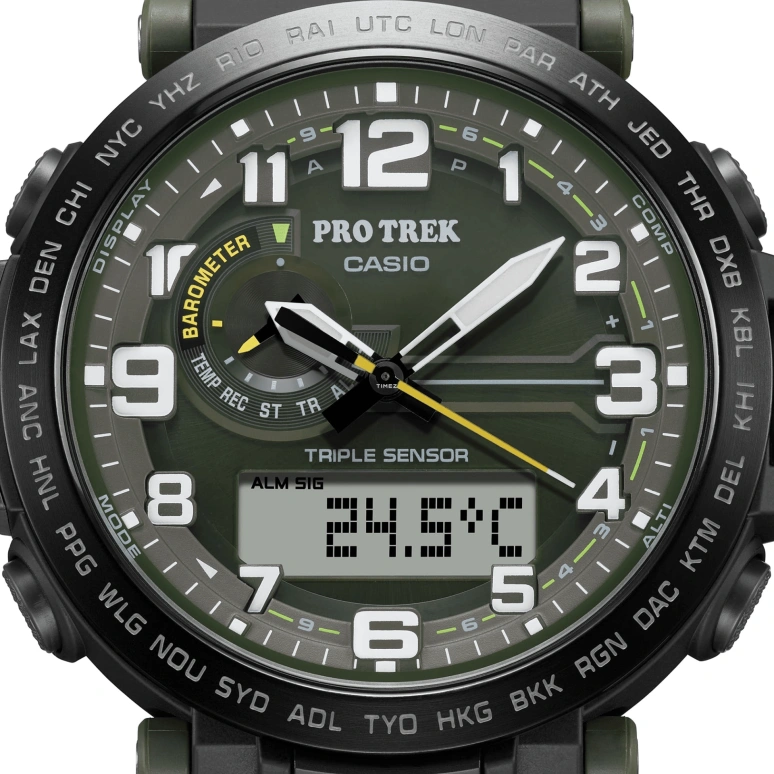 Casio,PROTREK 51.60x51.50mm,51.60x51.50mm,Bio-sourced,Stainless Steel,Grey,Olive Green,Quartz,Countdown,Chronograph,Month,Date,Hardlex,Glass,Round,PRG601YB,PRG601YB-3
