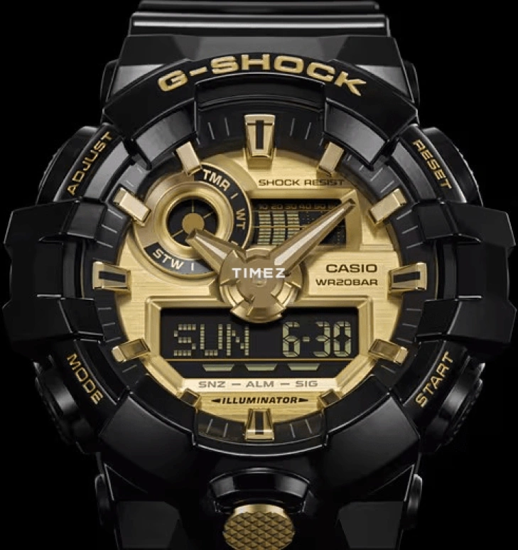 Casio,G-SHOCK 53.40mm,53.40mm,Resin,Gold,Quartz,Countdown,Chronograph,Month,Date,Hardlex,Round,GA710GB,GA710GB-1A