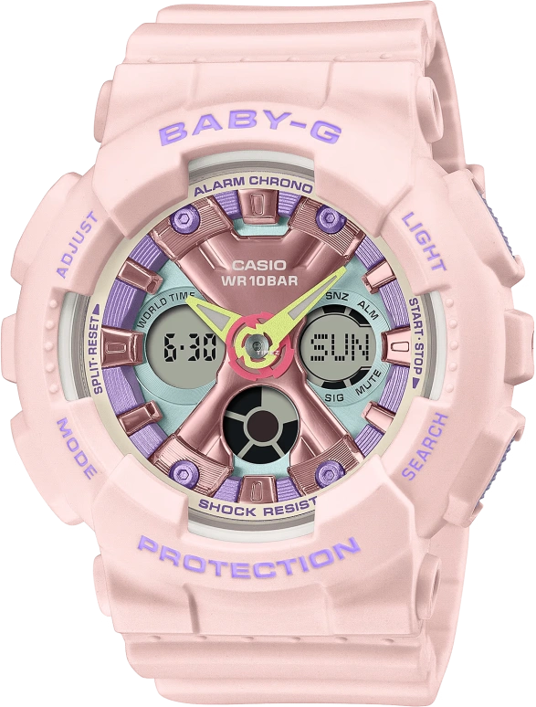 Casio,BABY-G 43.30mm,43.30mm,Resin,Pink,Quartz,Countdown,Chronograph,Month,Date,Hardlex,Round,BA130PM,BA130PM-4A