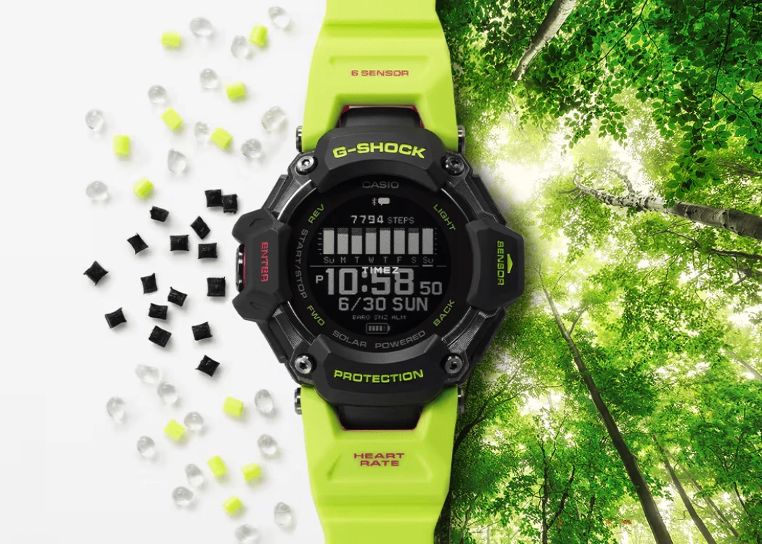 Casio,G-SHOCK 59.60x52.60mm,59.60x52.60mm,Bio-sourced,Resin,Black,Quartz,Countdown,Chronograph,Moonphase,Month,Hardlex,Glass,Round,GBDH2000,GBDH2000-1A9