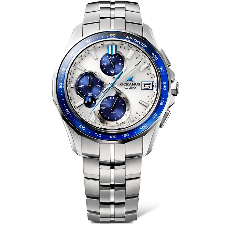 Casio,OCEANUS 47.50x42.80mm,47.50x42.80mm,Titanium,White,Quartz,Chronograph,Date,Day,Power Reserve Indicator,Sapphire,Crystal Glass,Round,OCWS7000D,OCWS7000D-7A