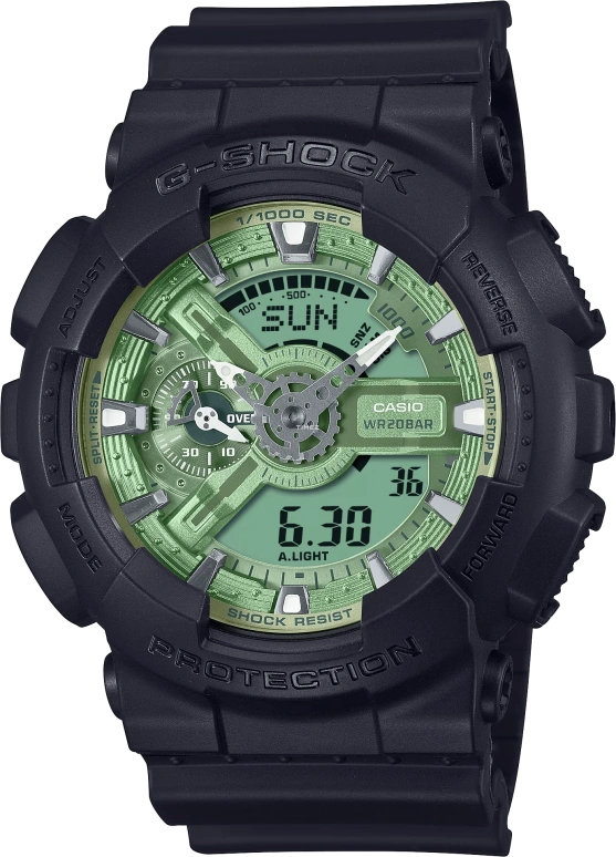 Casio,G-SHOCK 55x51.20mm,55x51.20mm,Resin,Green,Quartz,Countdown,Chronograph,Month,Date,Hardlex,Round,GA110CD,GA110CD-1A3
