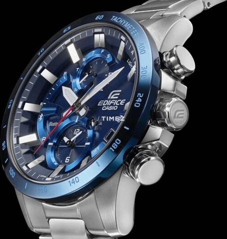 Casio,EDIFICE 45.80mm,45.80mm,Stainless Steel,Blue,Quartz,Chronograph,Date,Day,Power Reserve Indicator,Hardlex,Round,EQB900DB,EQB900DB-2A