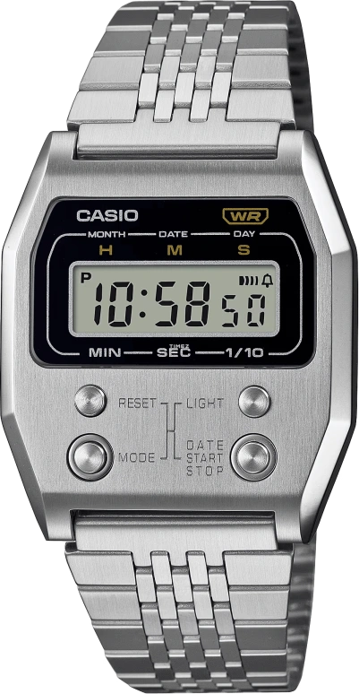 Casio,VINTAGE 40x35mm,40x35mm,Stainless Steel,Black,Quartz,Chronograph,Month,Date,Day,Hardlex,Tonneau,A1100D,A1100D-1VT