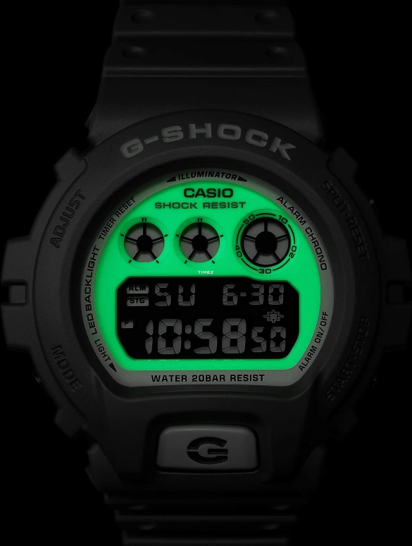 Casio,G-Shock 6900 53.20x50mm,53.20x50mm,Resin,White,Black,Quartz,Countdown,Chronograph,Month,Date,Hardlex,Round,DW6900HD,DW6900HD-8