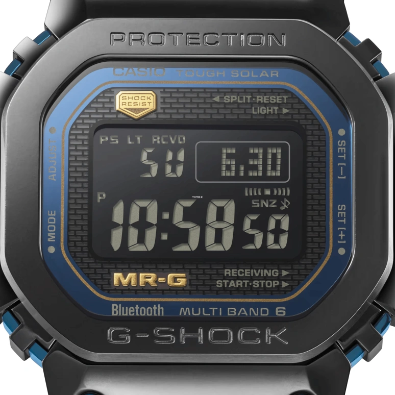Casio,MR-G 49.40x43.20mm,49.40x43.20mm,Titanium,Cobalt Alloy,Black,Blue,Quartz,Countdown,Chronograph,Month,Date,Sapphire,Crystal Glass,Square,MRGB5000BA,MRGB5000BA-1