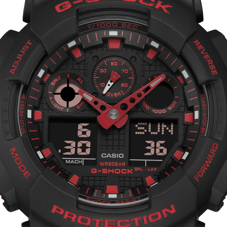 Casio,G-SHOCK 55x51.20mm,55x51.20mm,Resin,Black,Red,Quartz,Countdown,Chronograph,Month,Date,Hardlex,Round,GA100BNR,GA100BNR-1A