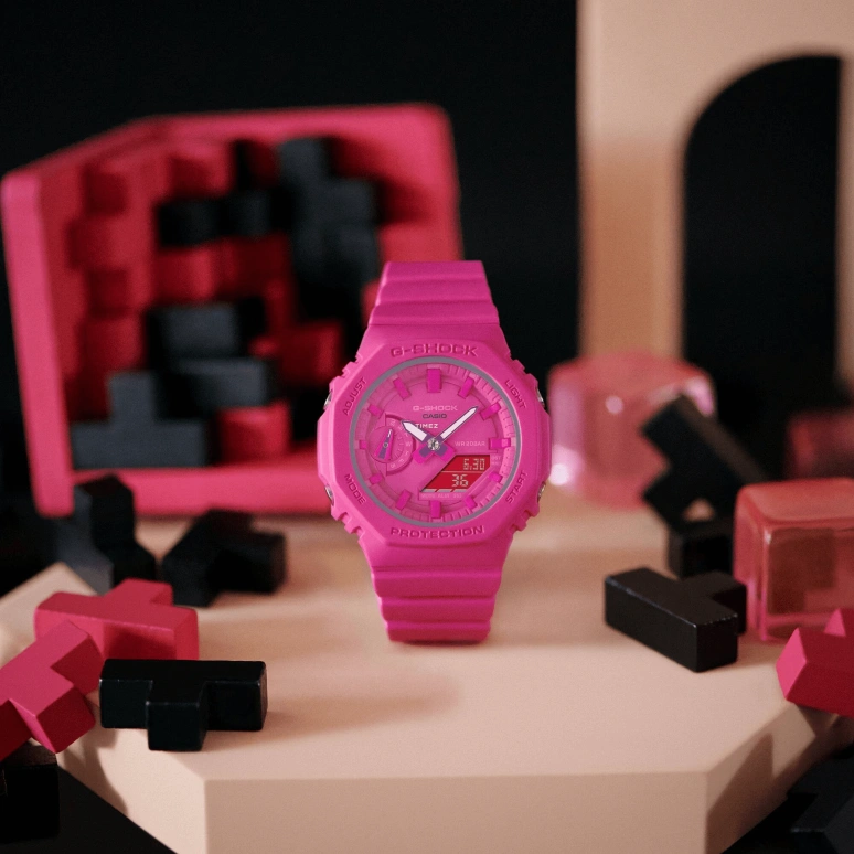 Casio,G-SHOCK 46.20x42.90mm,46.20x42.90mm,Carbon,Resin,Pink Red,Quartz,Countdown,Chronograph,Month,Date,Hardlex,Octagon,GMAS2100P,GMAS2100P-4A