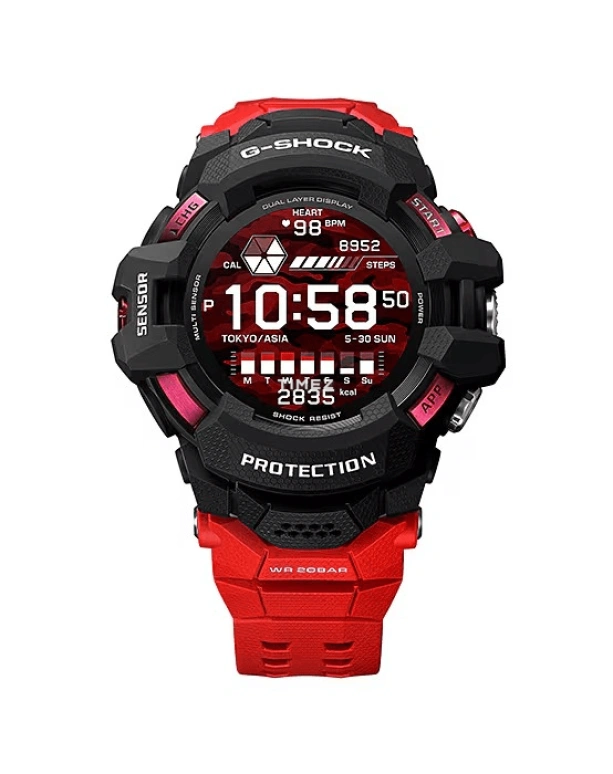 Casio,G-SHOCK 56.30mm,56.30mm,Resin,Black,Red,Processor,Smartwatch,GPS,Altitude Indicator,Compass,Hardlex,Round,GSWH1000,GSWH1000-1A4