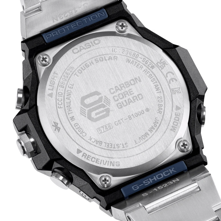 Casio,G-STEEL 46.90x44.20mm,46.90x44.20mm,Stainless Steel,Bio-sourced,Carbon,Blue,Quartz,Countdown,Chronograph,Date,Day,Hardlex,Octagon,GSTB1000D,GSTB1000D-2A