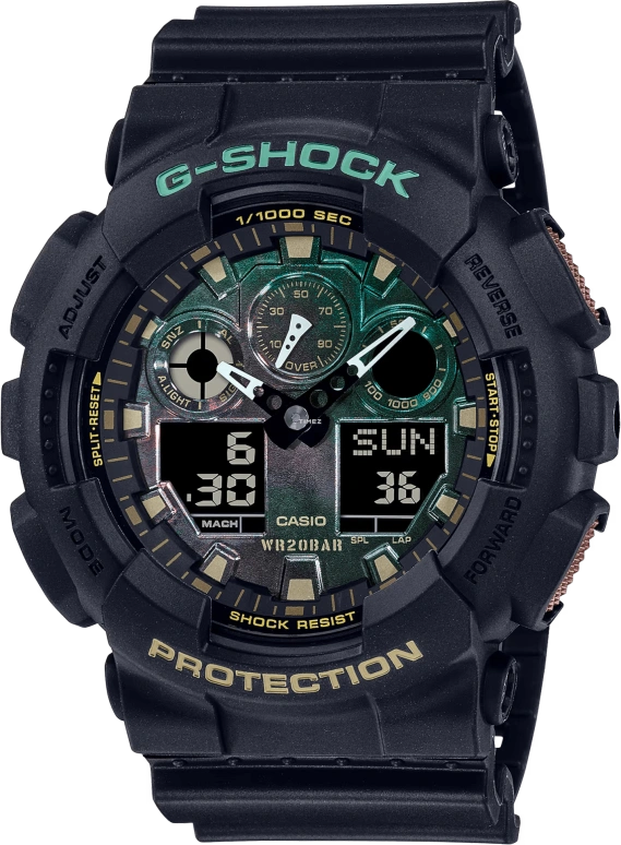 Casio,G-Shock GA-100 55x51.20mm,55x51.20mm,Resin,Gradient,Green,Black,Quartz,Countdown,Chronograph,Month,Date,Hardlex,Round,GA100RC,GA100RC-1A