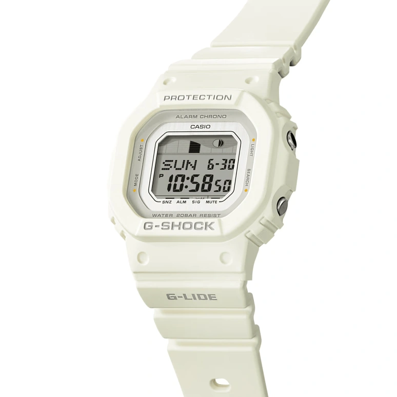 Casio,G-LIDE 45.70x40.50mm,45.70x40.50mm,Bio-sourced,Resin,White,Quartz,Countdown,Chronograph,Month,Date,Hardlex,Square,GLXS5600,GLXS5600-7B