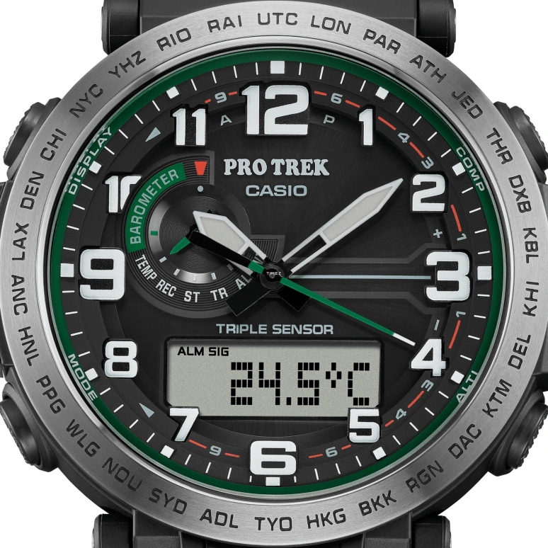Casio,PROTREK 51.60x51.50mm,51.60x51.50mm,Bio-sourced,Stainless Steel,Black,Quartz,Countdown,Chronograph,Month,Date,Hardlex,Glass,Round,PRG601,PRG601-1