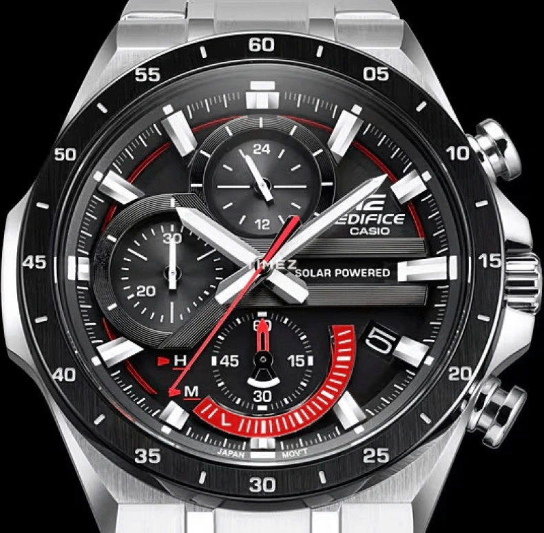 Casio,EDIFICE 47.60mm,47.60mm,Stainless Steel,Black,Quartz,Chronograph,Day,Power Reserve Indicator,Solar Charging,Hardlex,Round,EQS920DB,EQS920DB-1A