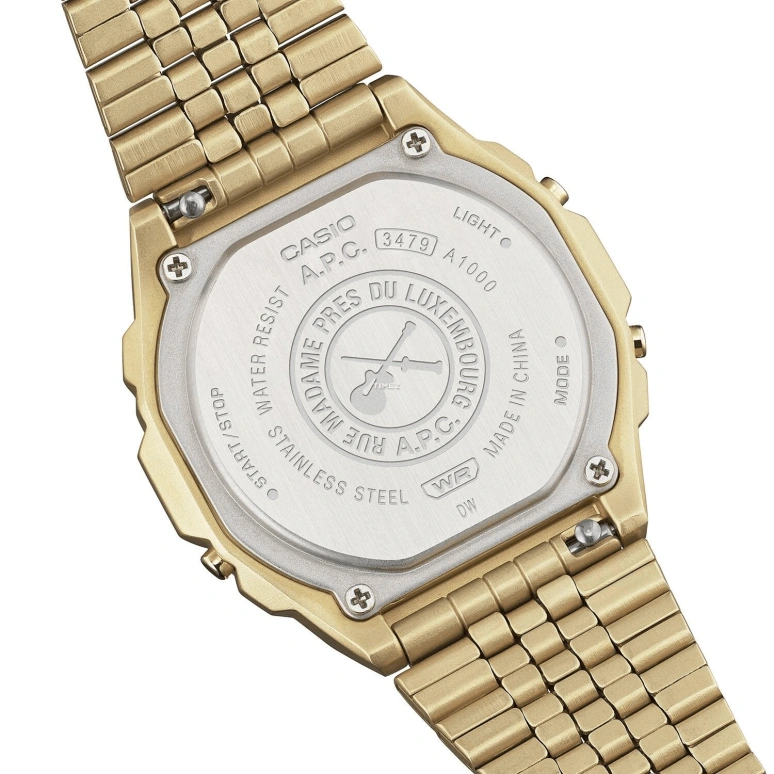 Casio,VINTAGE 39.60x38mm,39.60x38mm,Stainless Steel,Gold,Quartz,Chronograph,Date,Day,Hour Strike,Hardlex,Square,A1000ACG,A1000ACG-9