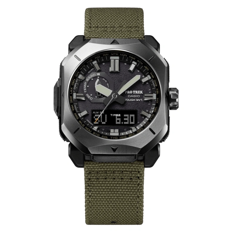 Casio,PROTREK 49.60x44.80mm,49.60x44.80mm,Bio-sourced,Stainless Steel,Black,Quartz,Countdown,Chronograph,Month,Date,Hardlex,Octagon,PRW6900YB,PRW6900YB-3