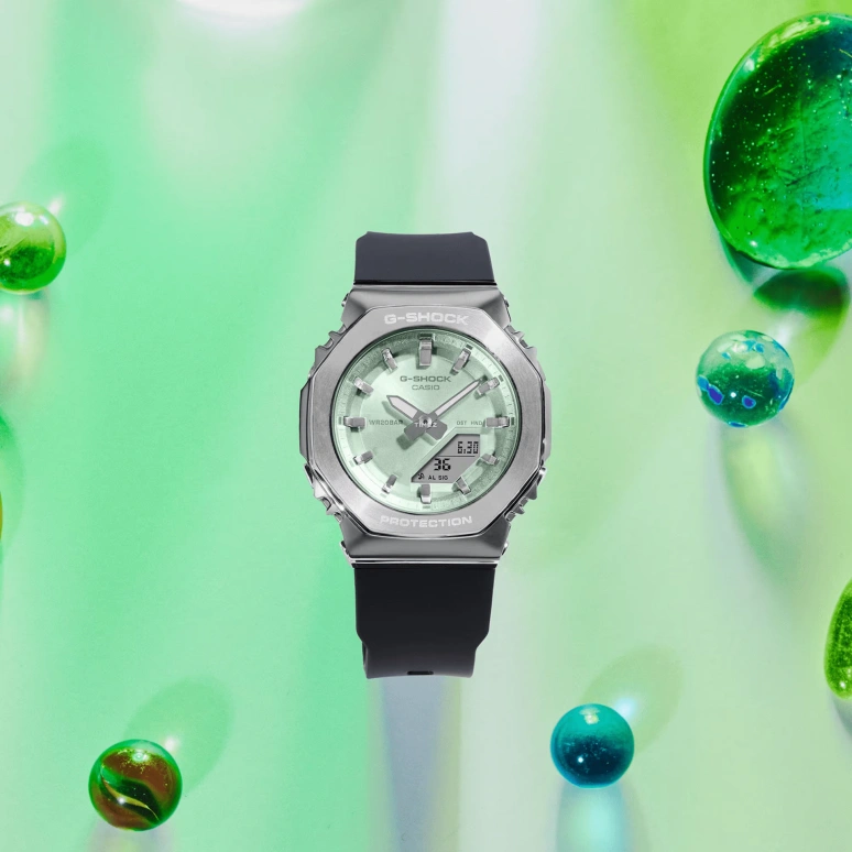 Casio,ANALOG-DIGITAL 40.50mm,40.50mm,Resin,Green,Quartz,Countdown,Chronograph,Month,Date,Hardlex,Octagon,GMS2110,GMS2110-3A