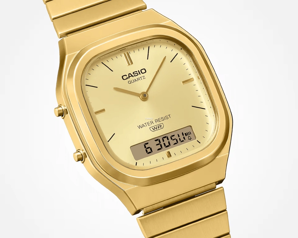 Casio,VINTAGE 40.90x35.80mm,40.90x35.80mm,Resin,Gold,Quartz,Chronograph,Month,Date,Day,Plexi,Glass,Square,AQ240EG,AQ240EG-9A