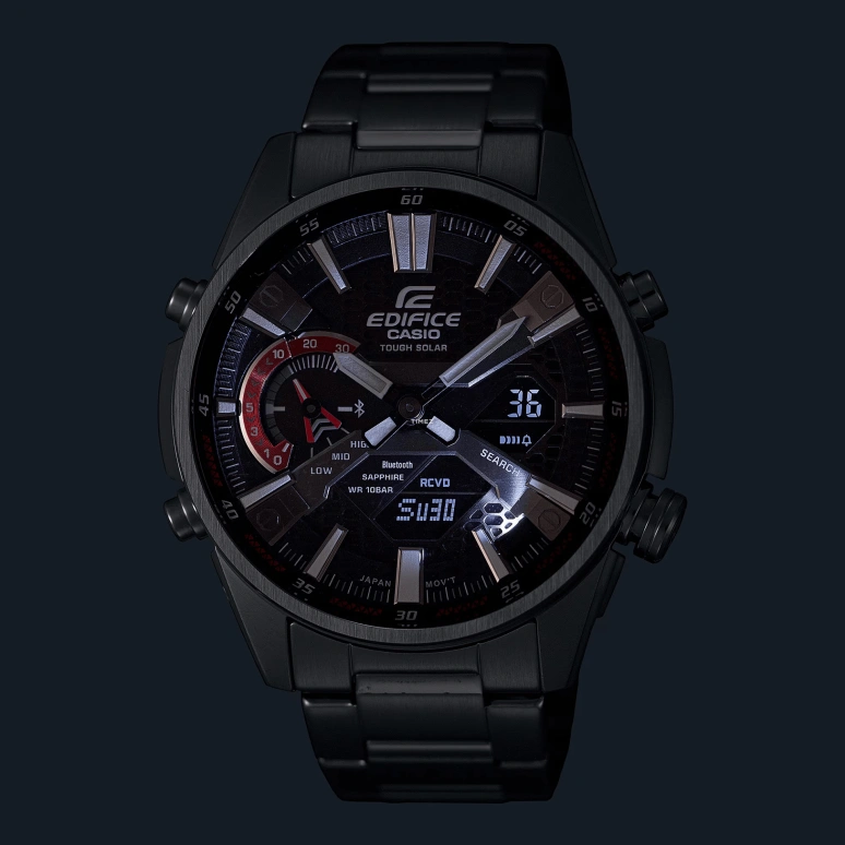 Casio,EDIFICE 46mm,46mm,Stainless Steel,Black,Quartz,Countdown,Chronograph,Month,Date,Sapphire,Round,ECBS100D,ECBS100D-1A
