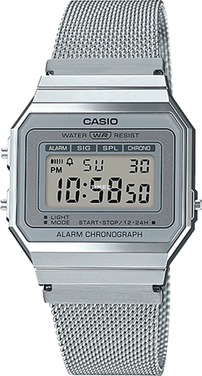 Casio,VINTAGE 37.40x35.50mm,37.40x35.50mm,Resin,Silver,Quartz,Chronograph,Date,Day,Hour Strike,Hardlex,Cushion,A700WM,A700WM-7AVT
