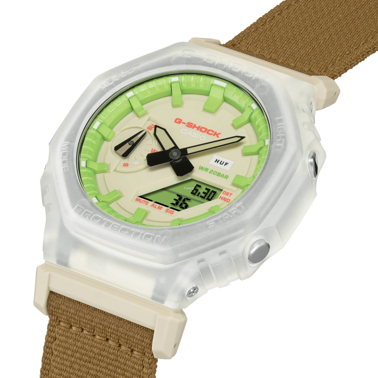Casio,G-SHOCK 48.50x45.40mm,48.50x45.40mm,Resin,Carbon,Cream,Green,Quartz,Countdown,Chronograph,Month,Date,Hardlex,Octagon,GA2100HUF,GA2100HUF-5A