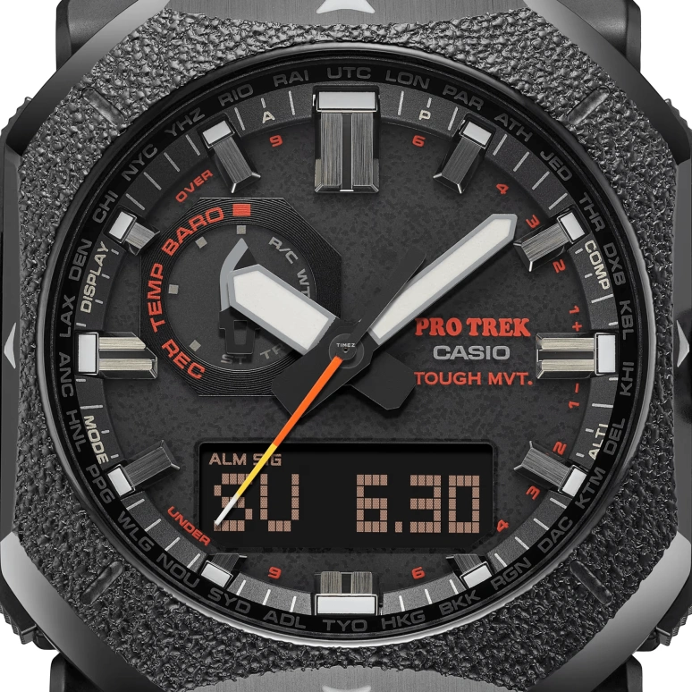 Casio,PROTREK 49.60x44.80mm,49.60x44.80mm,Bio-sourced,Stainless Steel,Black,Quartz,Countdown,Chronograph,Month,Date,Plexi,Glass,Octagon,PRW6900BF,PRW6900BF-1
