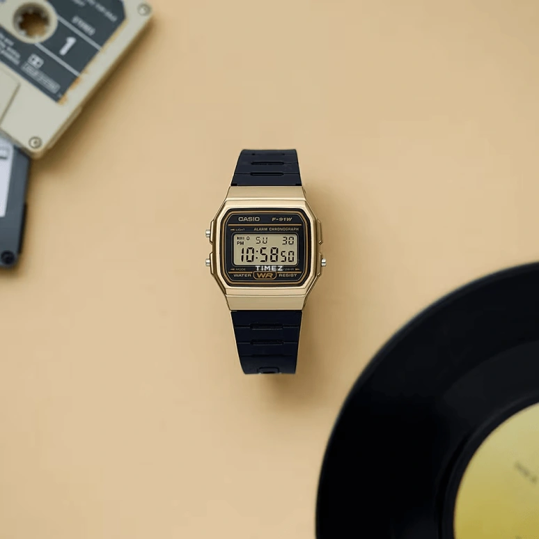 Casio,DIGITAL 38.20x35.20mm,38.20x35.20mm,Resin,Black,Quartz,Chronograph,Date,Day,Hour Strike,Plexi,Square,F91WM,F91WM-9A