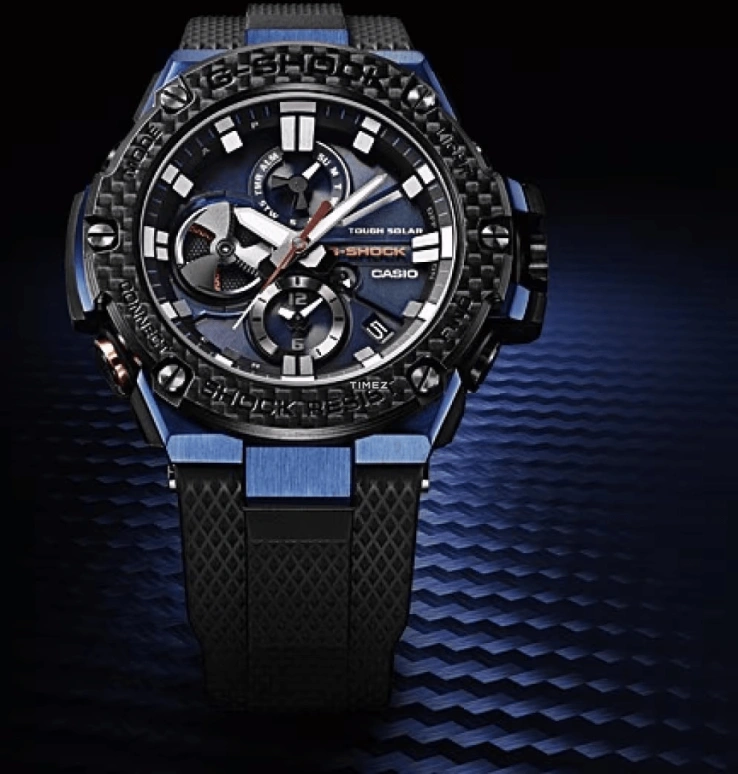 Casio,G-STEEL 53.80mm,53.80mm,Resin,Stainless Steel,Carbon,Blue,Quartz,Countdown,Chronograph,Day,Dule Time,Sapphire,Round,GSTB100XB,GSTB100XB-2A